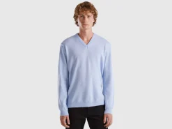 Ocean blue V-neck sweater pure Merino wool