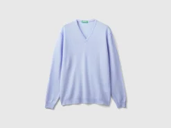 Ocean blue V-neck sweater pure Merino wool