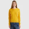 Ochre yellow crew neck sweater in pure Merino wool