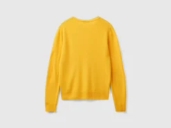 Ochre yellow crew neck sweater in pure Merino wool