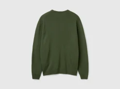Olive green crew neck sweater in pure Merino wool