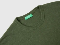 Olive green crew neck sweater in pure Merino wool
