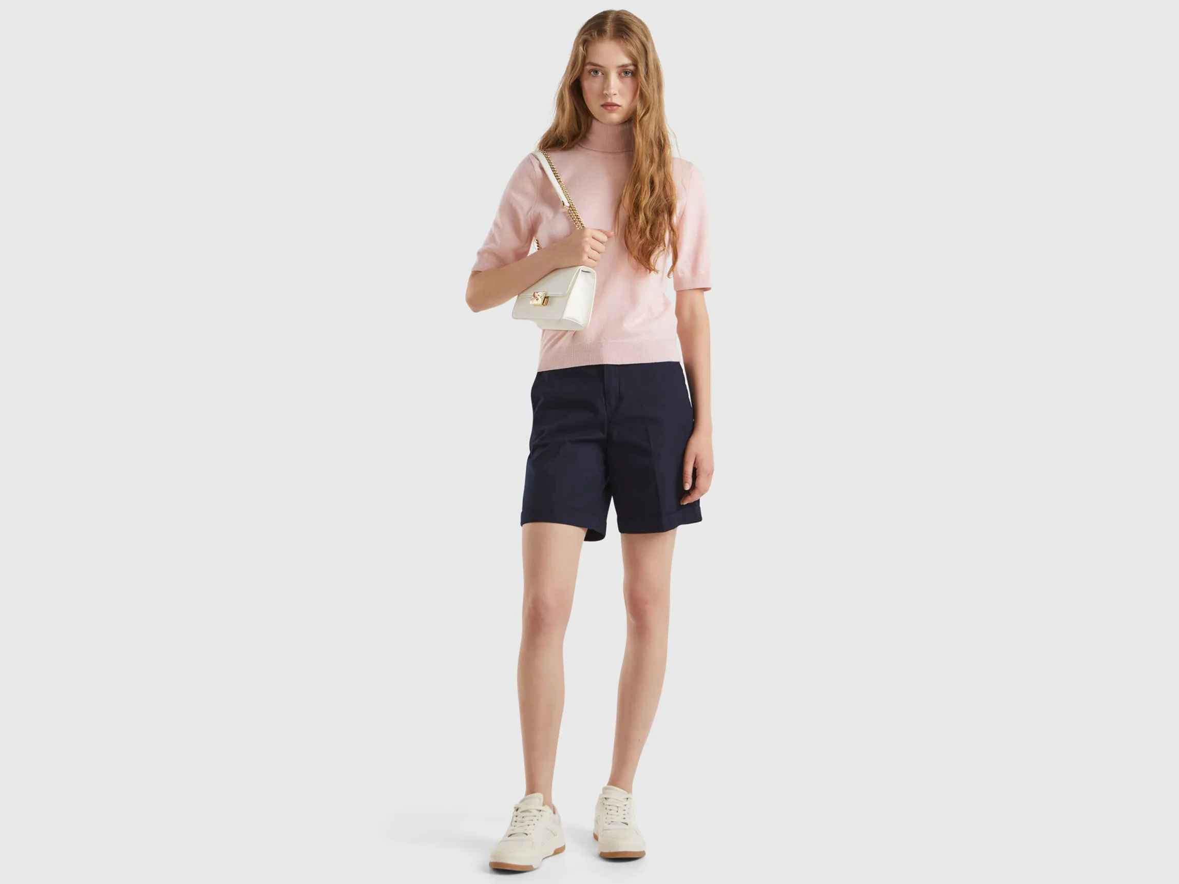 Pastel pink short sleeve turtleneck in cashmere blend