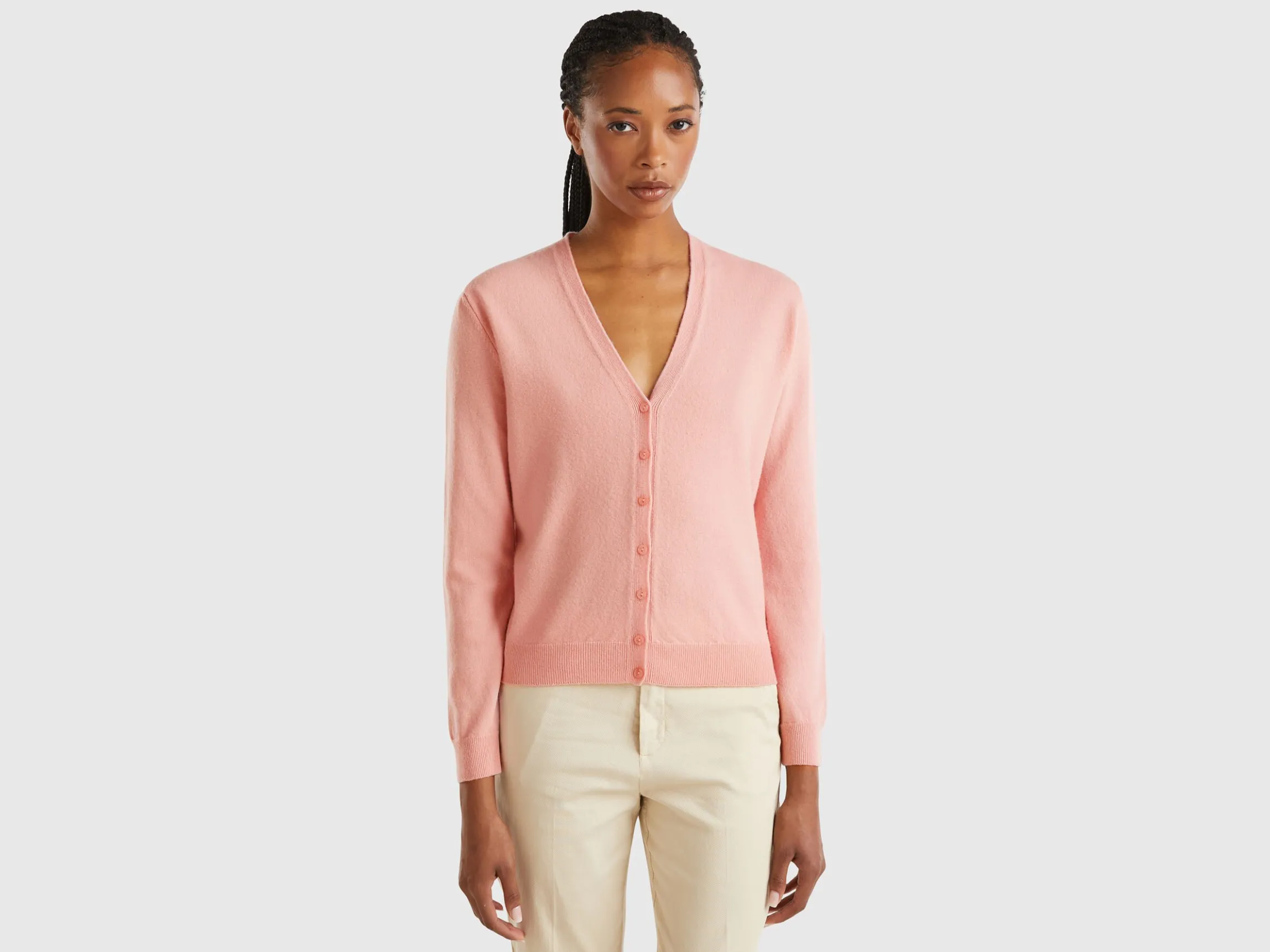 Pink V-neck cardigan in pure Merino wool