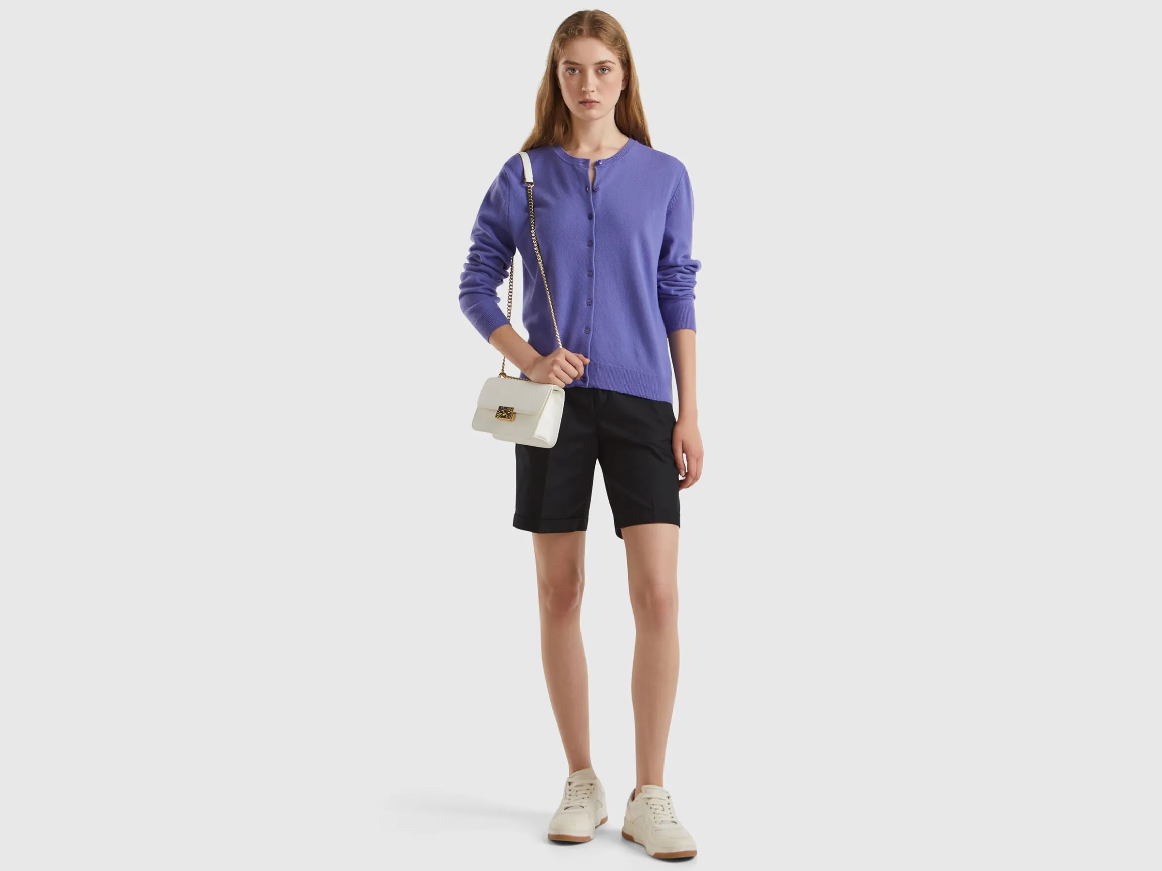 Purple crew neck cardigan in pure Merino wool