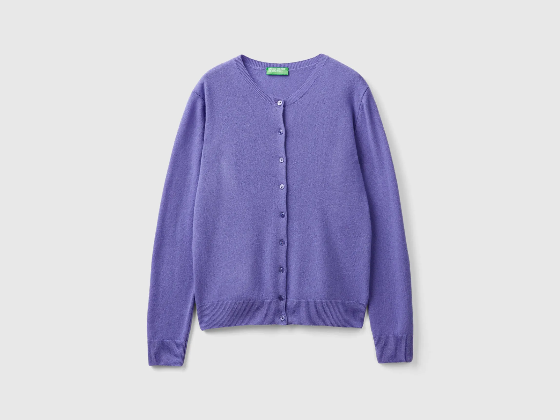 Purple crew neck cardigan in pure Merino wool