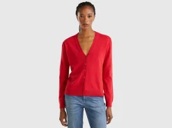 Red plum crew neck cardigan in pure Merino wool