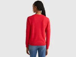 Red plum crew neck cardigan in pure Merino wool