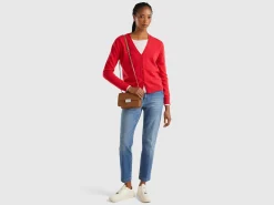 Red plum crew neck cardigan in pure Merino wool