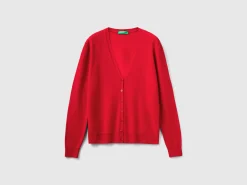 Red plum crew neck cardigan in pure Merino wool