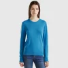 Sky blue crew neck sweater in pure Merino wool