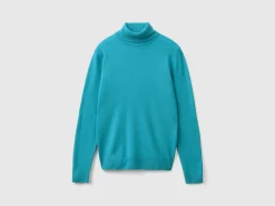 Sky blue turtleneck sweater in pure Merino wool