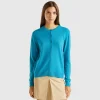 Turquoise crew neck cardigan in pure Merino wool