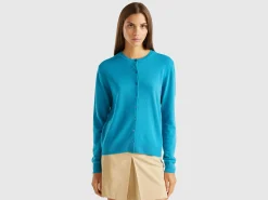 Turquoise crew neck cardigan in pure Merino wool