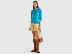 Turquoise crew neck cardigan in pure Merino wool