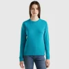 Turquoise crew neck sweater in pure Merino wool