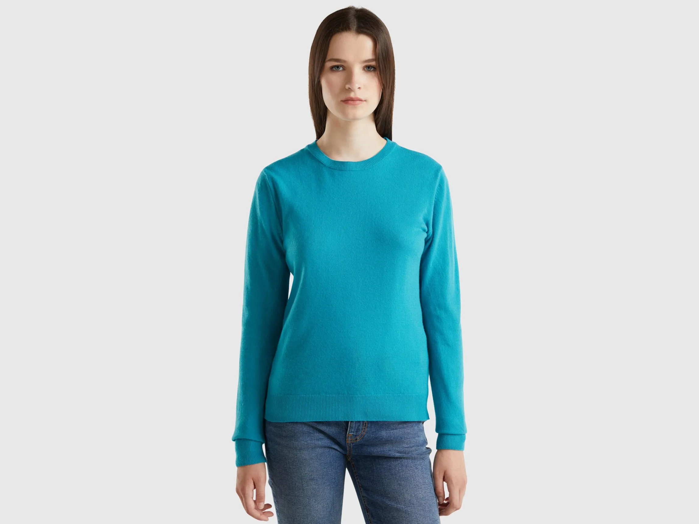 Turquoise crew neck sweater in pure Merino wool
