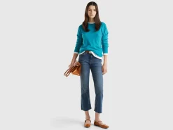 Turquoise crew neck sweater in pure Merino wool