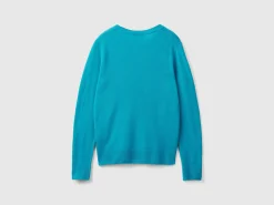 Turquoise crew neck sweater in pure Merino wool
