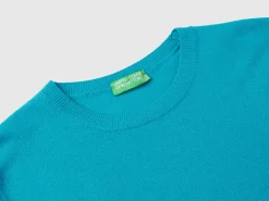 Turquoise crew neck sweater in pure Merino wool