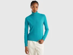 Turquoise turtleneck sweater in pure Merino wool