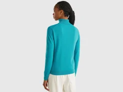 Turquoise turtleneck sweater in pure Merino wool