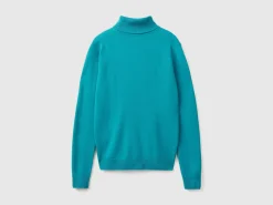 Turquoise turtleneck sweater in pure Merino wool