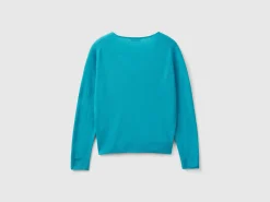 Turquoise V-neck sweater in pure Merino wool
